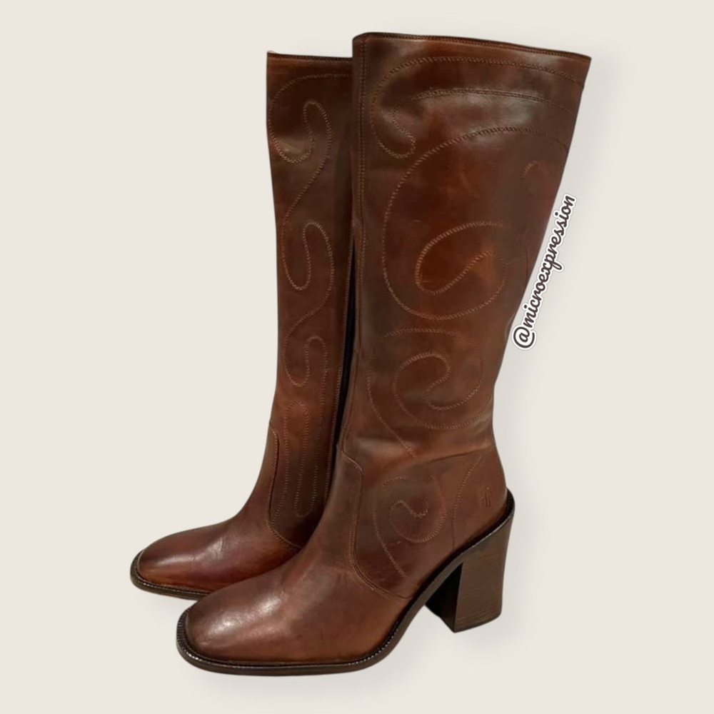 VINTAGE 1970S Frye Conrad Swirl Stitch Embroidered Cognac Brown Tall Knee Boots - Picture 8 of 15